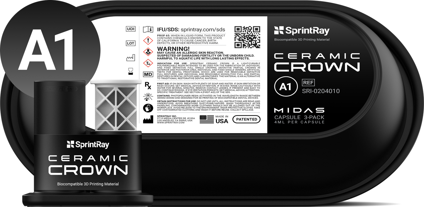 SprintRay Ceramic Crown - Single-unit Capsule 3-Pack (MIDAS ONLY)