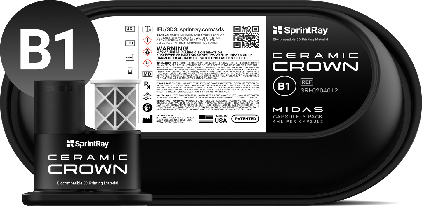 SprintRay Ceramic Crown - Single-unit Capsule 3-Pack (MIDAS ONLY)
